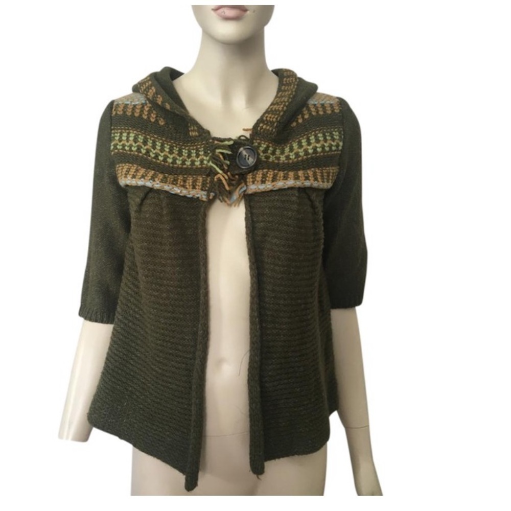 Free People Olive Green Hooded Short Cardigan with Multicolor Yoke